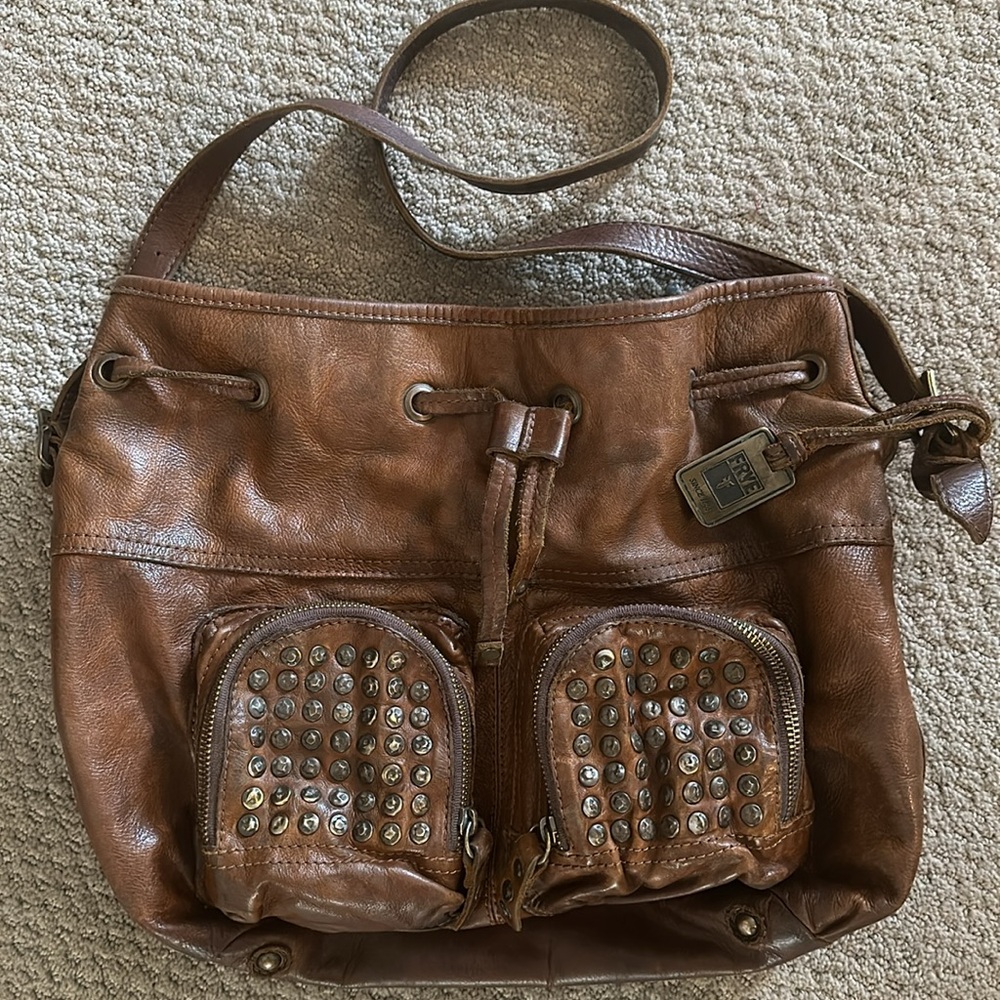 FRYE Brooke Brown Leather Studded Drawstring Shoulder Crossbody Bag